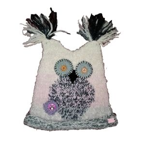 Handmade knitted owl hat with crochet flowers and pom-poms for adults